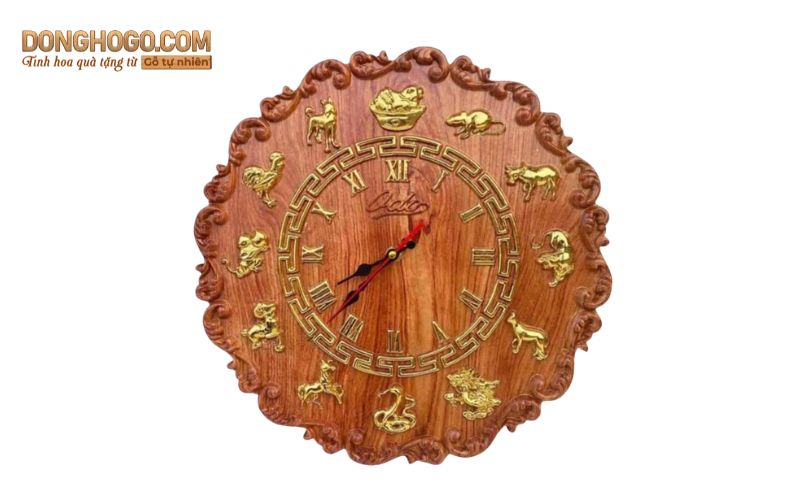 Đồng hồ gỗ tròn 12 con giáp